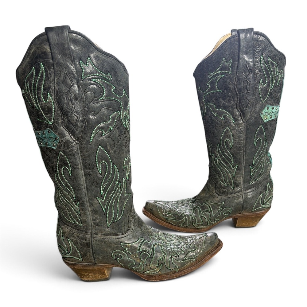 Corral Cowboy Boots Womens 6.5 Wicked Green Cross Tooled Leather Inlay Studded
